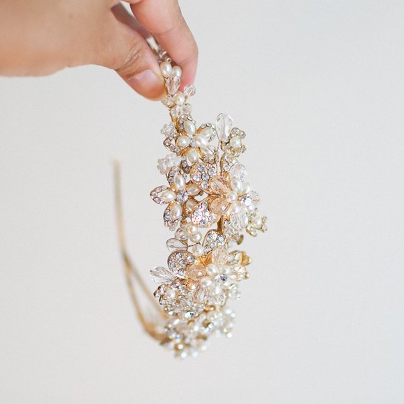 Wedding Headband Crystal Pearl Antique Gold Bride - Picture 11 of 11